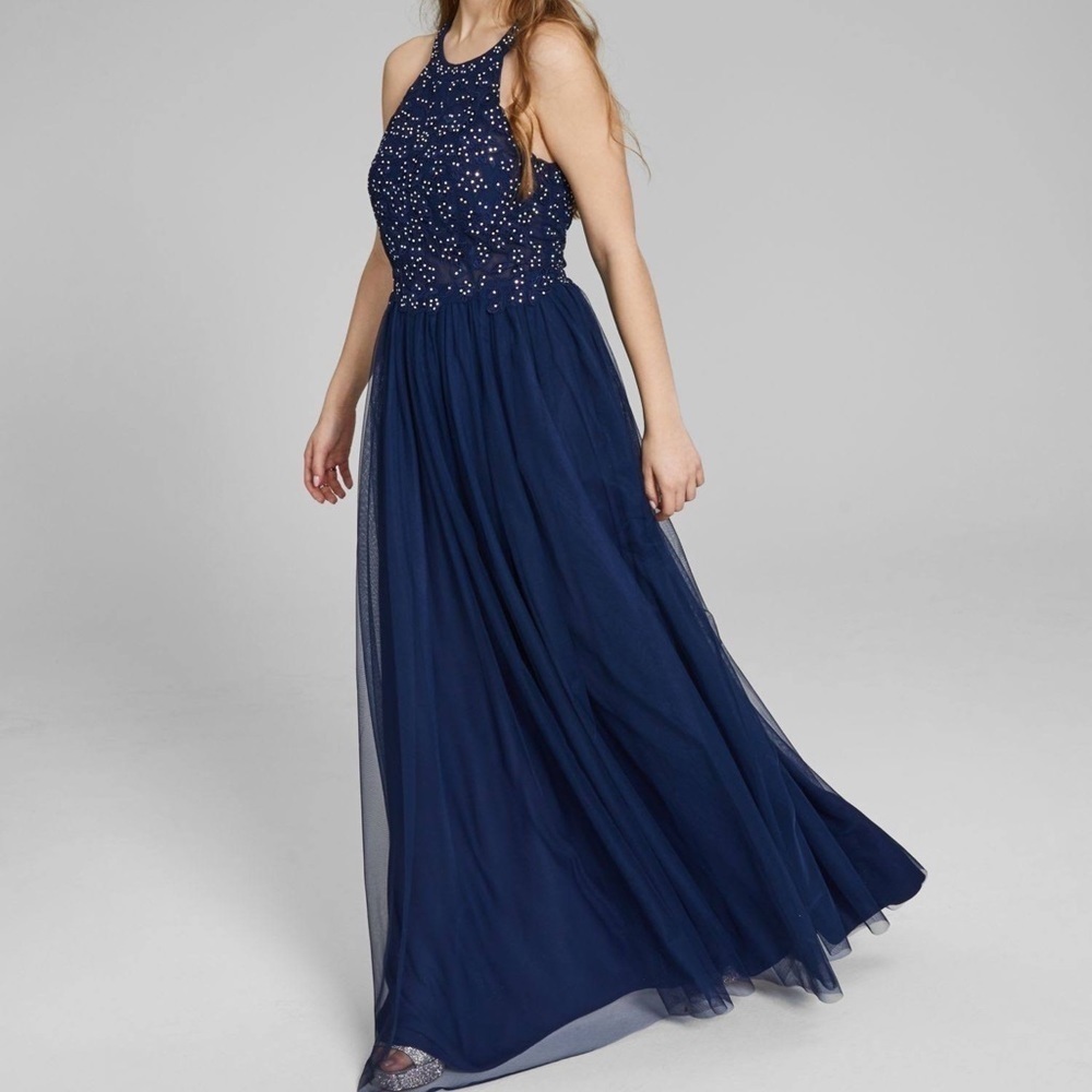 121- Speechless NWT Navy Blue Beaded Top with Tulle Bottom Formal Dress. Size 11